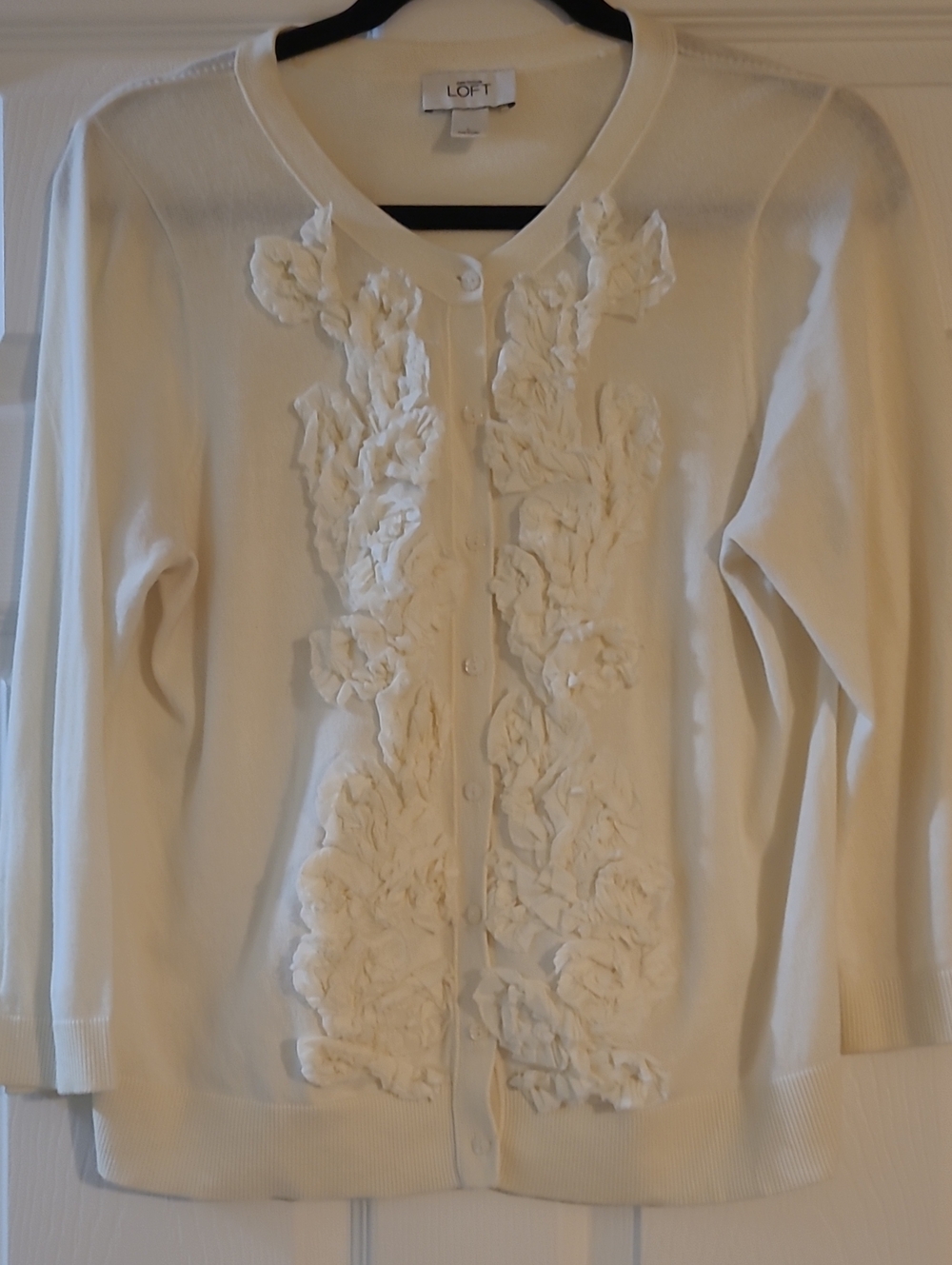 LOFT Ivory Ruffle-Front Button Cardigan